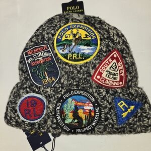 POLO RALPH LAUREN GREY/BLUE PATCHES KNIT BEANIE WILDERNESS 12 PATCH HAT 1 OF 1